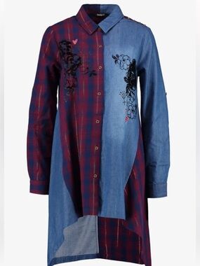 Desigual Mixed Media Patchwork Shirt Dress Plaid, Denim & Floral Art Wear Size S